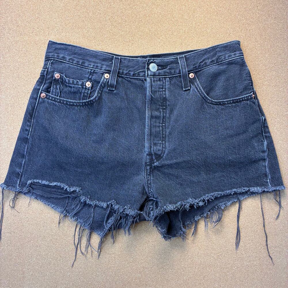 Levi’s 501 Original High Rise Denim Shorts Lunar Black W29 Frayed Hem